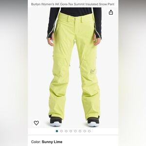 NWOT Burton AK 2L summit snowboard pants neon yellow lime snow S SM Small